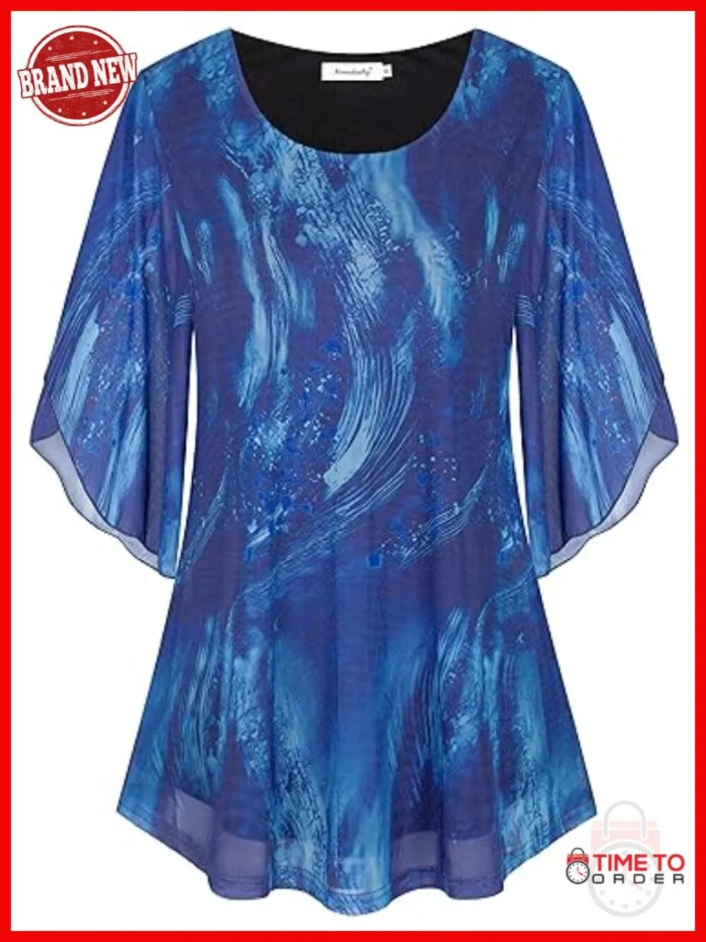 Double Layer Mesh Tunic Blouse 3/4 Sleeve Sheer Overlay Tops Dressy Casual